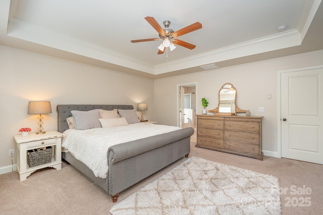 9428 Segundo Ln, Charlotte, NC 28278 - carpeted bedroom featuring baseboards, a ceiling fan, ornamental molding, and a raised ceiling