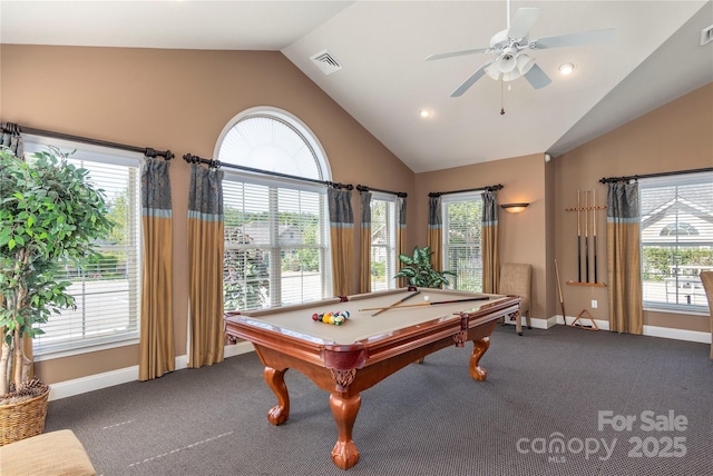 rec room featuring visible vents, carpet, and vaulted ceiling