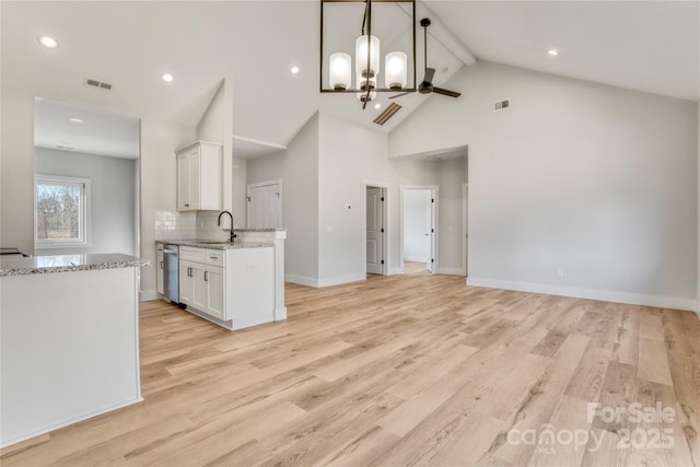 kitchen featuring white cabinetry, light wood-style flooring, visible vents, and a sink