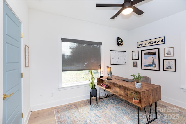 office area featuring a ceiling fan, baseboards, and light wood finished floors