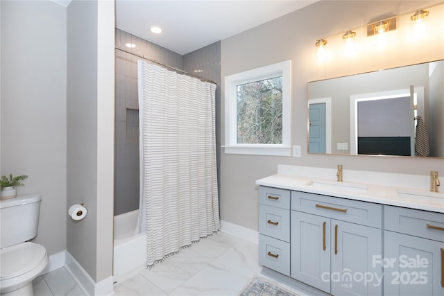 full bath with vanity, toilet, baseboards, and marble finish floor