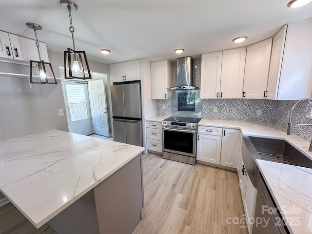 7812 Highbanks Ct, Charlotte, NC 28212 - kitchen with stainless steel appliances, white cabinetry, a sink, light wood-style floors, and wall chimney range hood