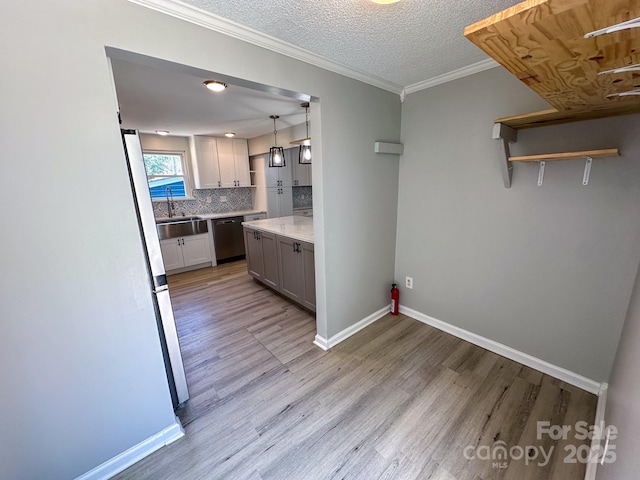 7812 Highbanks Ct, Charlotte, NC 28212 - kitchen featuring open shelves, dishwasher, baseboards, light wood-style floors, and decorative backsplash
