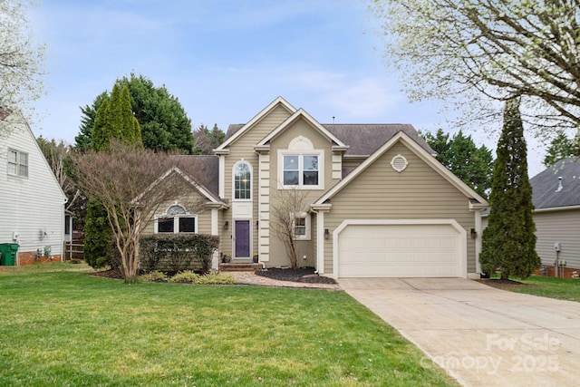 traditional home with driveway, an attached garage, and a front lawn