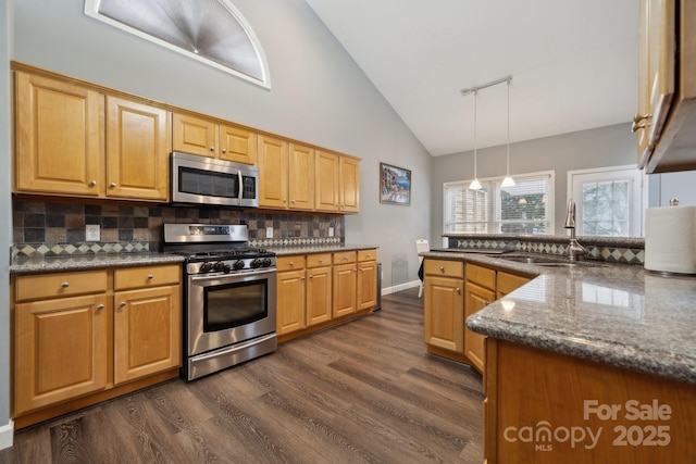 kitchen with a sink, stainless steel appliances, vaulted ceiling, dark wood-type flooring, and backsplash