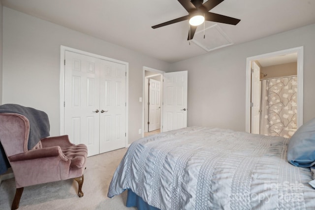 bedroom featuring a closet, ceiling fan, and carpet