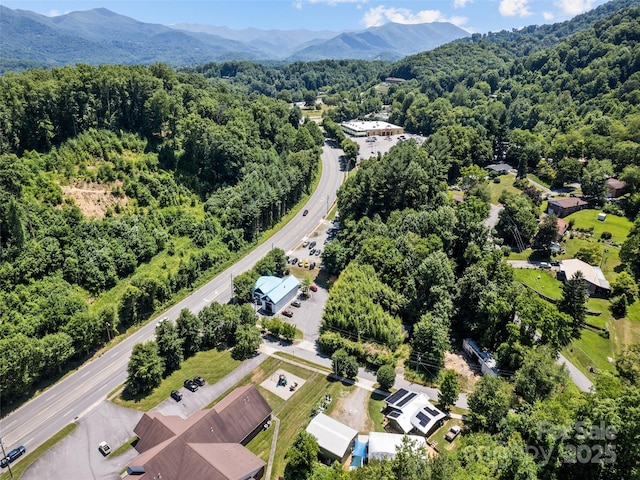 drone / aerial view featuring a forest view and a mountain view