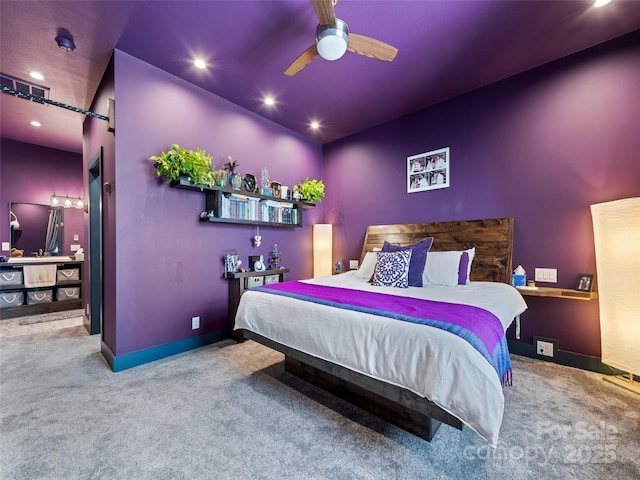 carpeted bedroom featuring recessed lighting, a ceiling fan, and baseboards