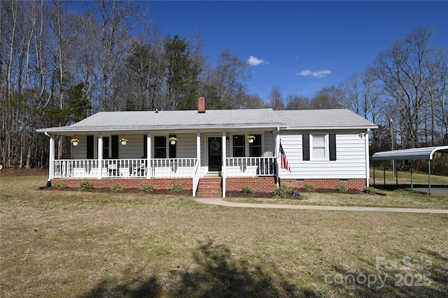 ranch-style house featuring crawl space, covered porch, a chimney, and a front yard