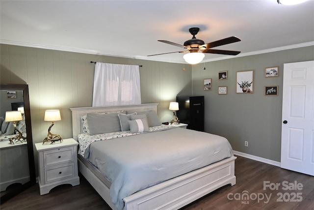 bedroom with ceiling fan, dark wood-style floors, and crown molding