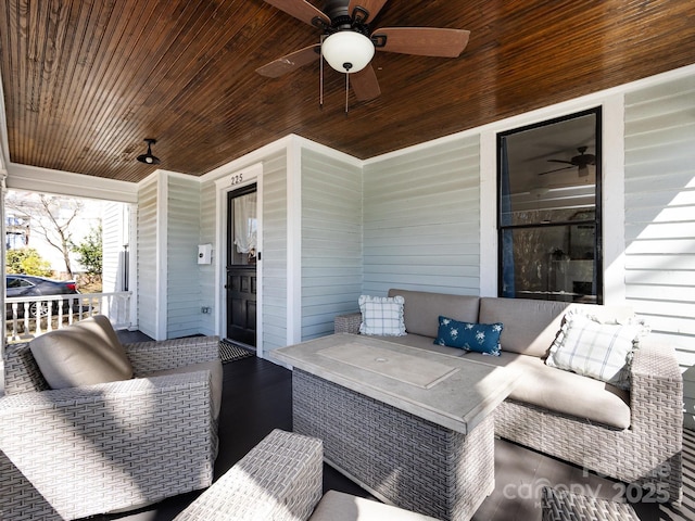 view of patio / terrace featuring a ceiling fan and an outdoor hangout area