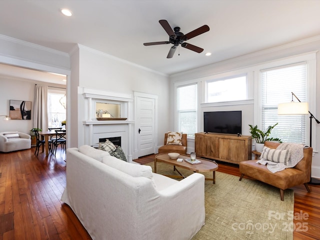 living area with hardwood / wood-style flooring, crown molding, recessed lighting, and a fireplace