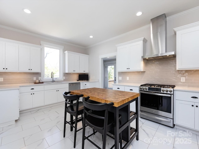 kitchen with marble finish floor, appliances with stainless steel finishes, wall chimney range hood, and a sink