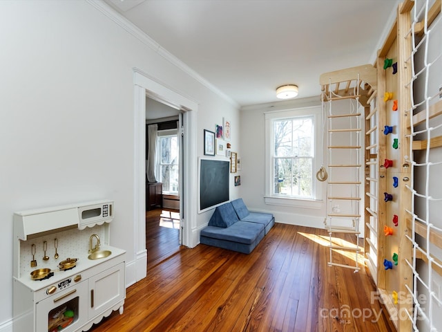 sitting room with hardwood / wood-style flooring, crown molding, and baseboards