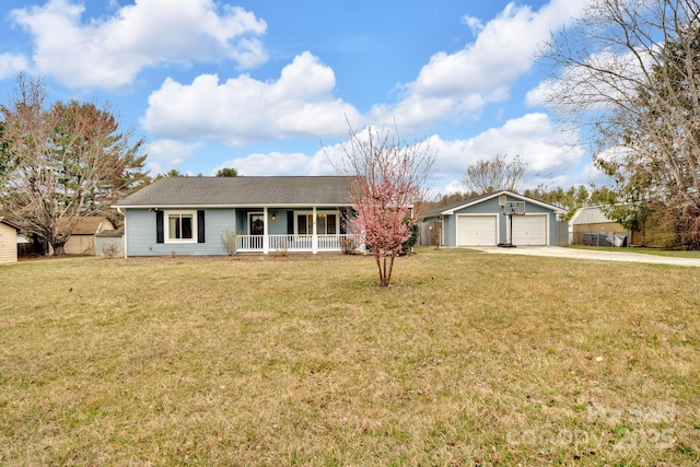 ranch-style house featuring a front lawn, a garage, and covered porch