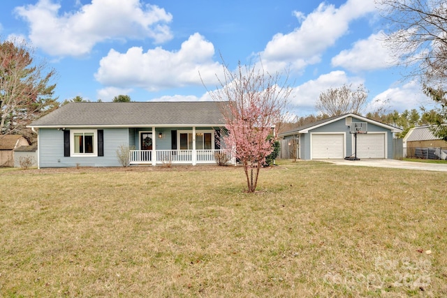 ranch-style home with an outbuilding, a porch, a detached garage, and a front yard