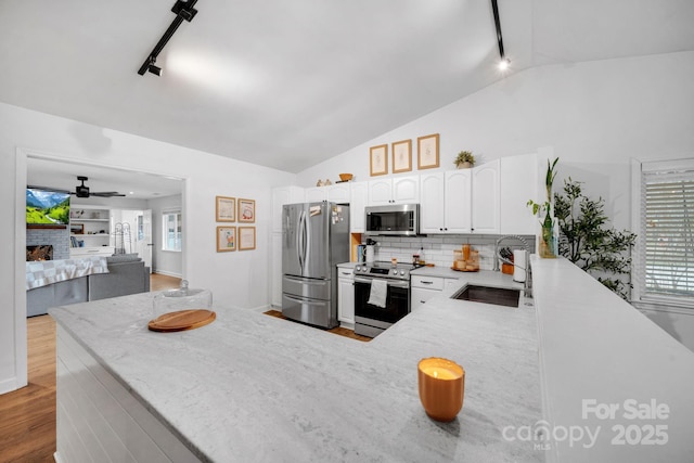 kitchen featuring a brick fireplace, vaulted ceiling, appliances with stainless steel finishes, wood finished floors, and a sink