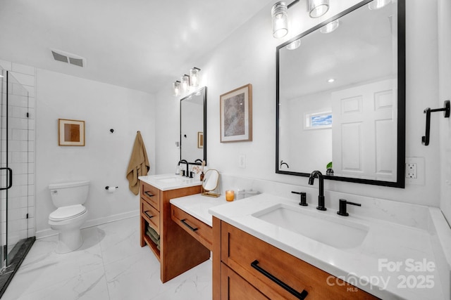 bathroom with a stall shower, visible vents, marble finish floor, and a sink