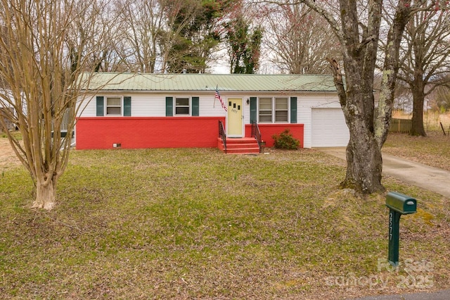 single story home with brick siding, a front lawn, concrete driveway, metal roof, and a garage