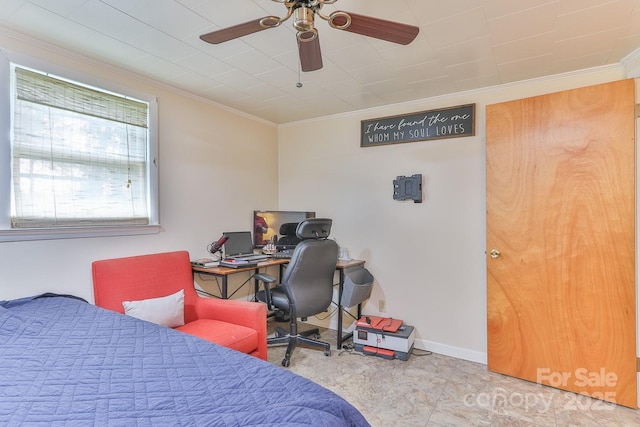 bedroom featuring baseboards, ceiling fan, and crown molding