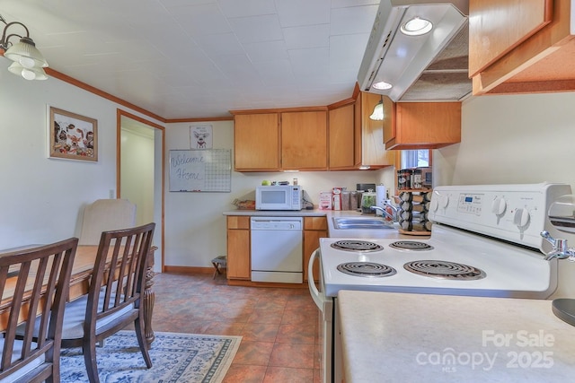 kitchen featuring white appliances, brown cabinetry, a sink, light countertops, and under cabinet range hood