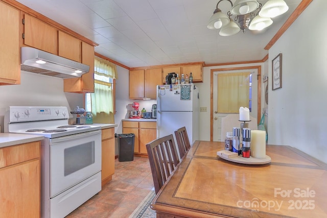 kitchen with a notable chandelier, ornamental molding, under cabinet range hood, white appliances, and light countertops