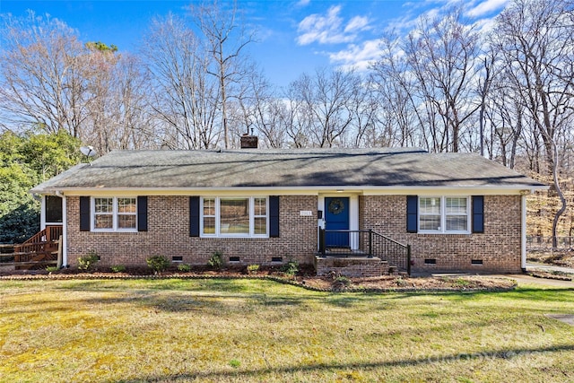 single story home featuring crawl space, a chimney, a front lawn, and a shingled roof