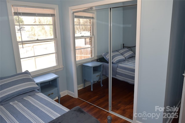 bedroom with dark wood-style floors, multiple windows, baseboards, and a closet