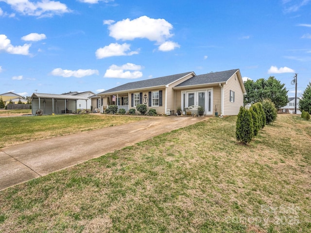 ranch-style house featuring french doors and a front yard