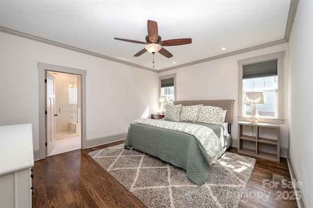 bedroom with recessed lighting, baseboards, wood finished floors, and crown molding