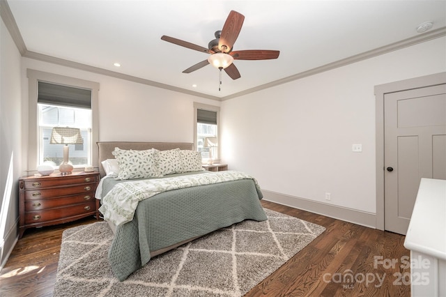 bedroom with a ceiling fan, wood finished floors, baseboards, recessed lighting, and crown molding