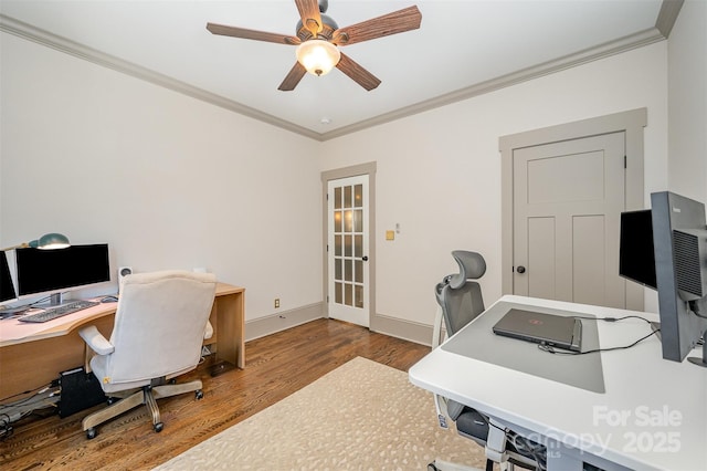 office featuring crown molding, wood finished floors, baseboards, and ceiling fan