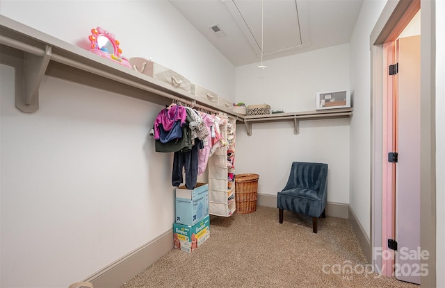 walk in closet featuring attic access, carpet, and visible vents