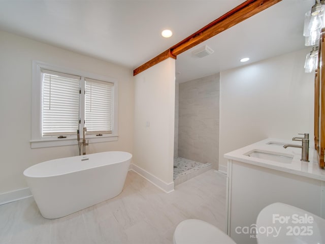 full bath featuring visible vents, a soaking tub, a sink, a walk in shower, and toilet