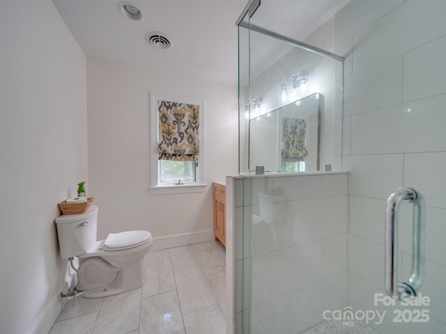 full bathroom with a tile shower, visible vents, marble finish floor, and toilet