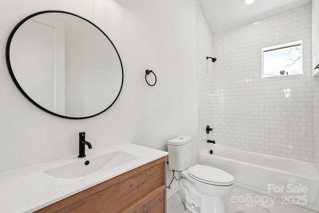 full bath featuring toilet, bathtub / shower combination, and vanity