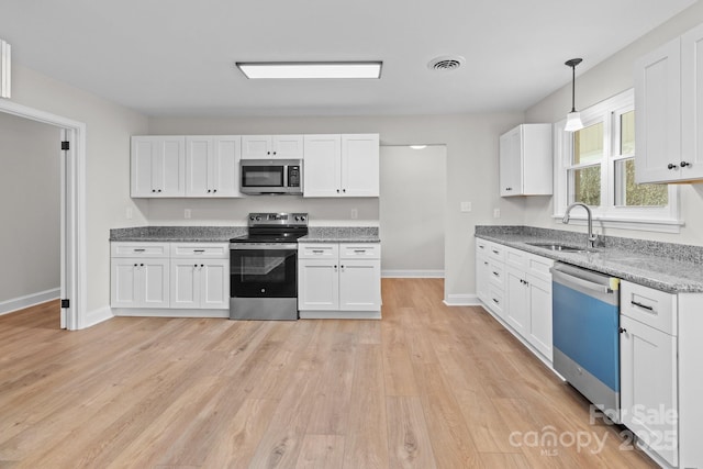 kitchen with a sink, visible vents, appliances with stainless steel finishes, and white cabinetry