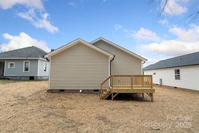 back of property featuring crawl space and a wooden deck