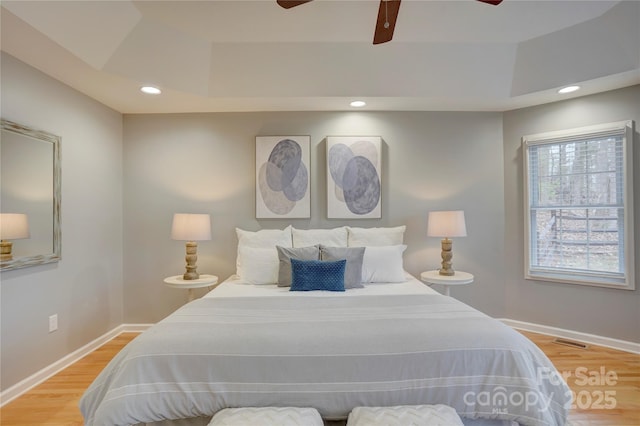 5306 Club View Dr, Concord, NC 28025 - bedroom with light wood-type flooring, baseboards, a ceiling fan, and recessed lighting