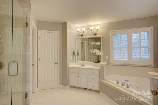 5306 Club View Dr, Concord, NC 28025 - full bathroom with a bath, a shower stall, vanity, tile patterned floors, and a chandelier