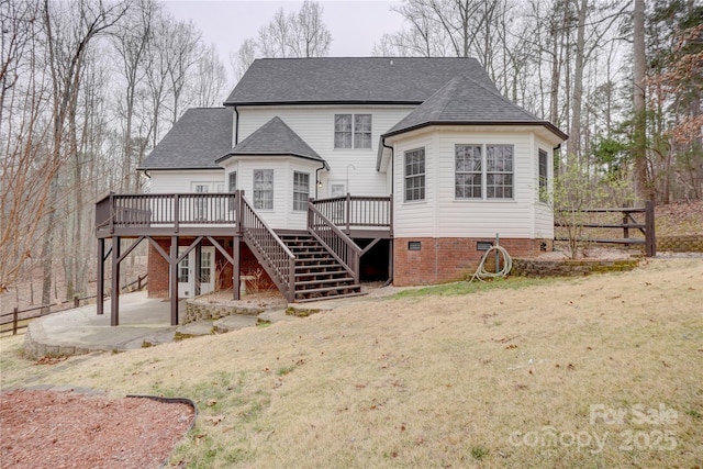 5306 Club View Dr, Concord, NC 28025 - rear view of house featuring stairway, a deck, a patio area, a shingled roof, and crawl space
