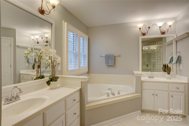 5306 Club View Dr, Concord, NC 28025 - bathroom with a shower stall, two vanities, a bath, and tile patterned floors