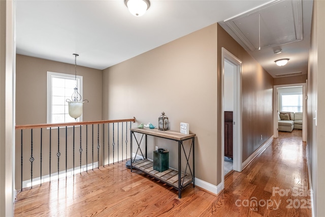 hallway featuring baseboards, attic access, and wood finished floors