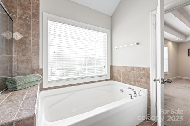 bathroom with a garden tub and a wealth of natural light