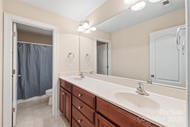 full bath with double vanity, toilet, visible vents, and a sink