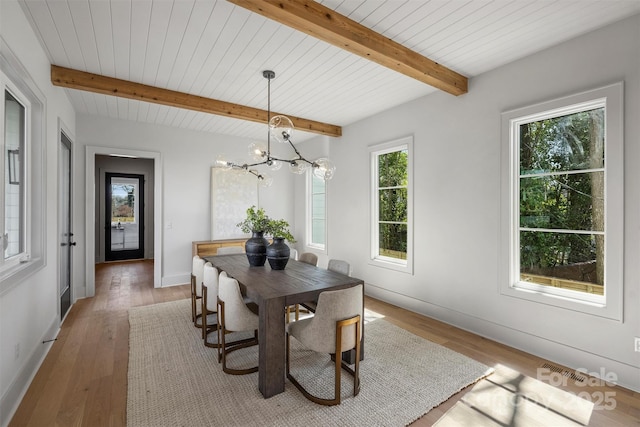 dining area with baseboards, a chandelier, wood ceiling, beam ceiling, and light wood-style floors
