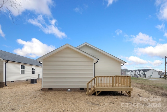 view of home's exterior featuring crawl space, central AC unit, and a wooden deck