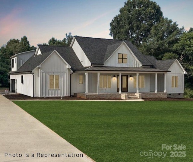 exterior space featuring a porch, board and batten siding, a front yard, a shingled roof, and crawl space