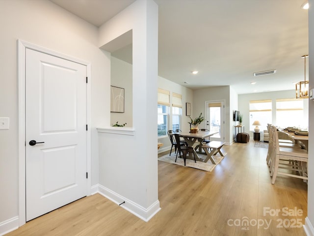 interior space with plenty of natural light, baseboards, light wood-type flooring, and visible vents