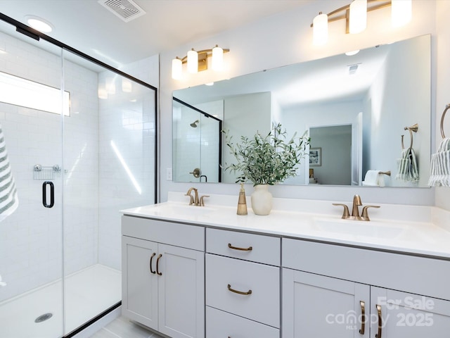 full bath featuring a shower stall, visible vents, and a sink